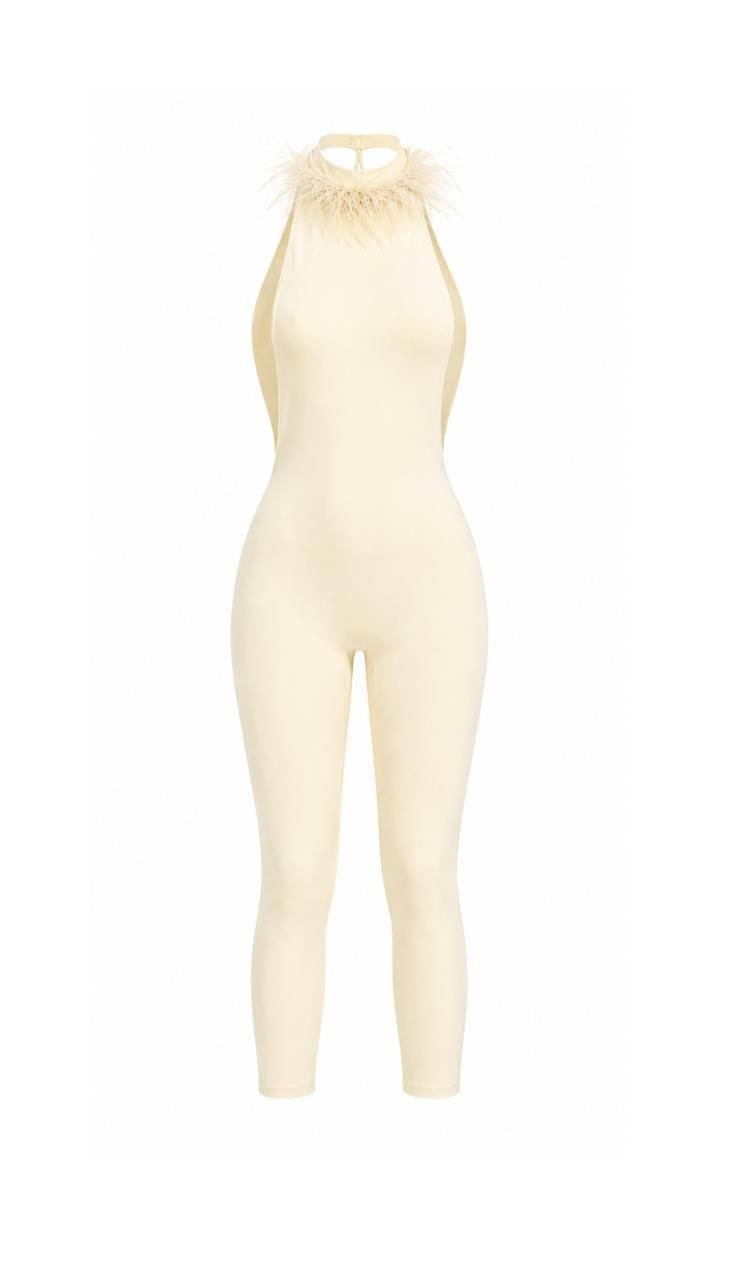 FEATHER NECKLINE JUMPSUIT